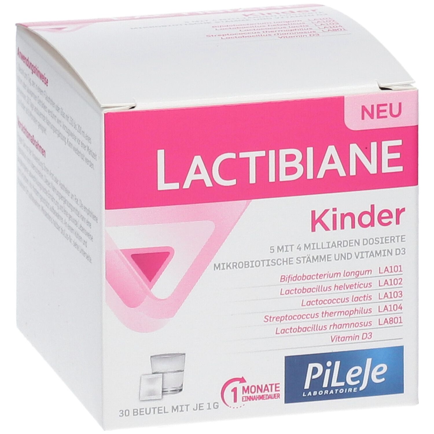 Weiße Schachtel mit rosa Akzenten. Aufschrift LACTIBIANE Kinder. Enthält 30 Beutel. Logo Pileje.