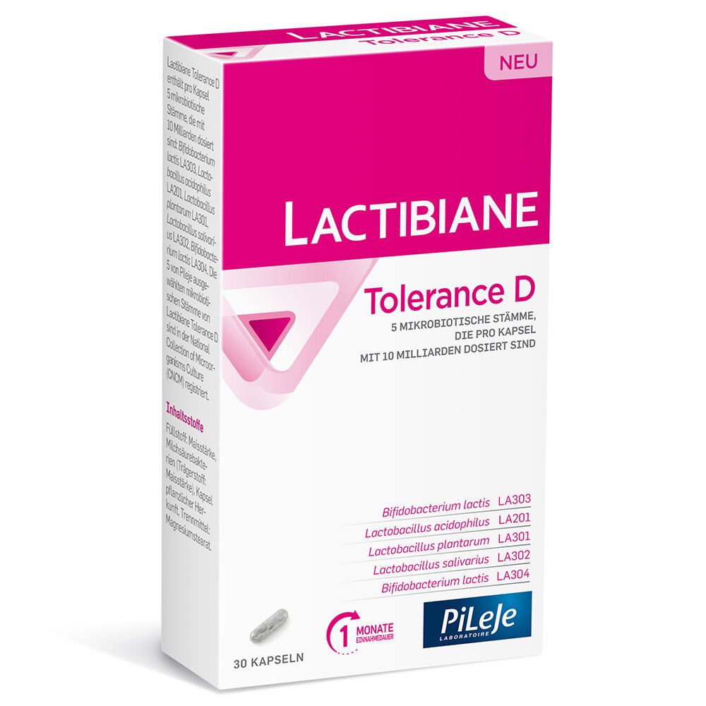 Verpackung von LACTIBIANE Tolerance D. Rosa-weiße Schachtel mit Produktnamen und Kapsel-Abbildung. 30 Kapseln.