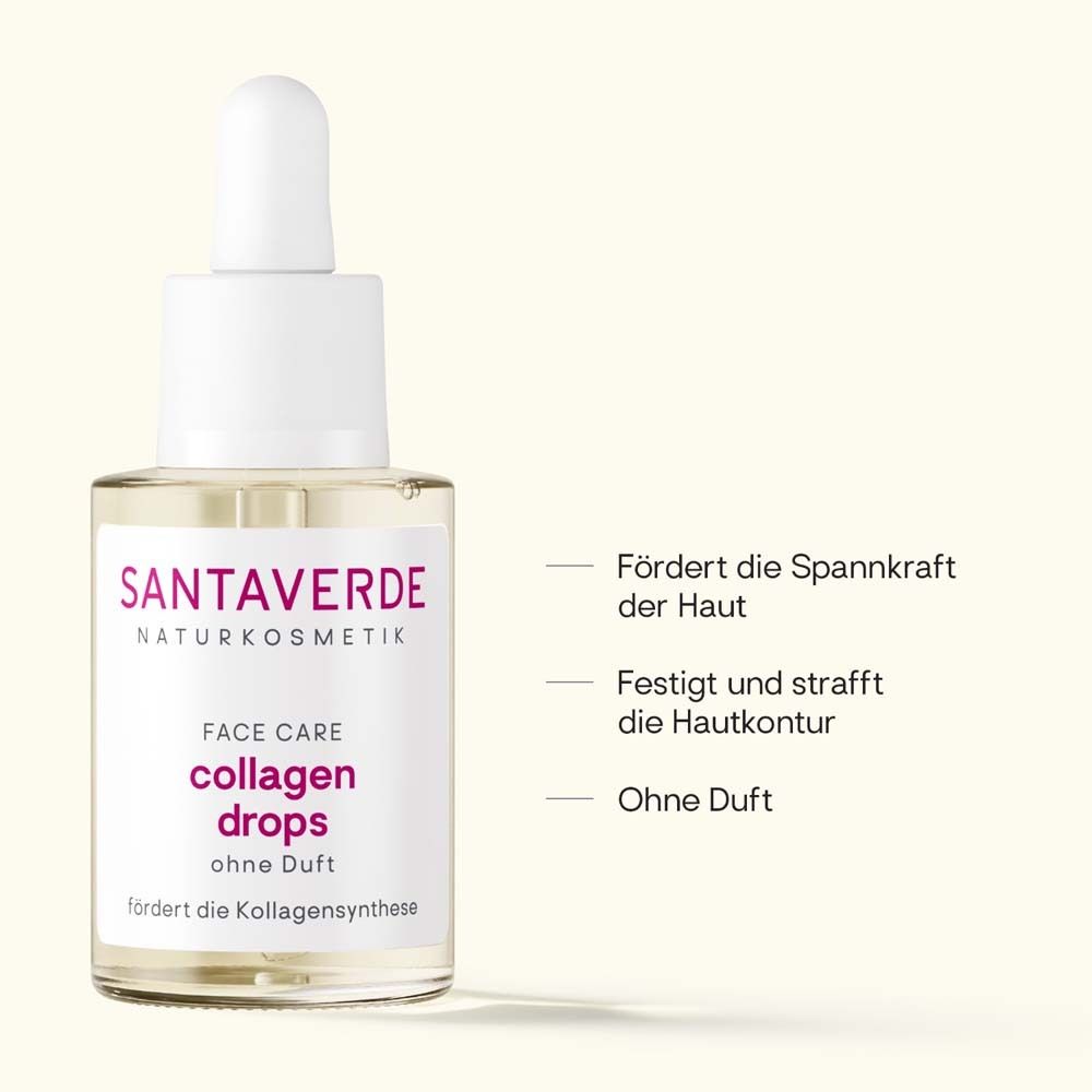Serumflasche mit Pipette. Aufschrift: SANTAVERDE, collagen drops. Ohne Duft. Text daneben: fördert die Spannkraft der Haut.