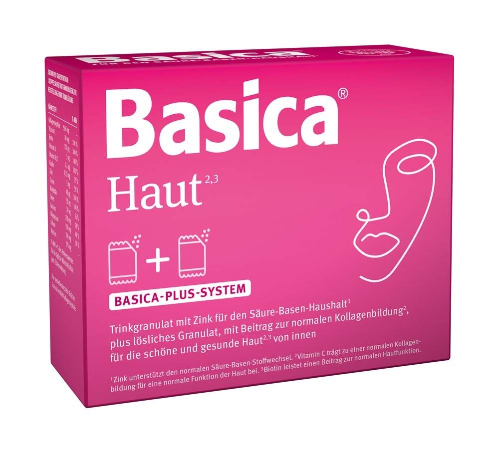 Basica Haut Packung. Rosa Schachtel mit Produktnamen und Gesichtsskizze. Enthält Trinkgranulat und Plus-System.