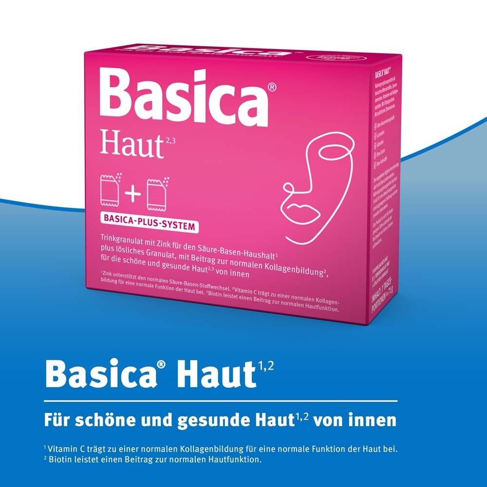 Basica Haut Packung auf blauem Hintergrund. Produktname und Slogan: Für schöne und gesunde Haut von innen.