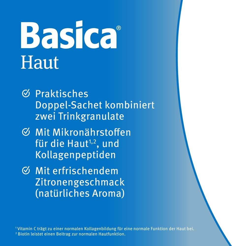 Text auf blauem Hintergrund. Praktisches Doppel-Sachet mit zwei Trinkgranulaten. Mit Mikronährstoffen und Kollagenpeptiden.