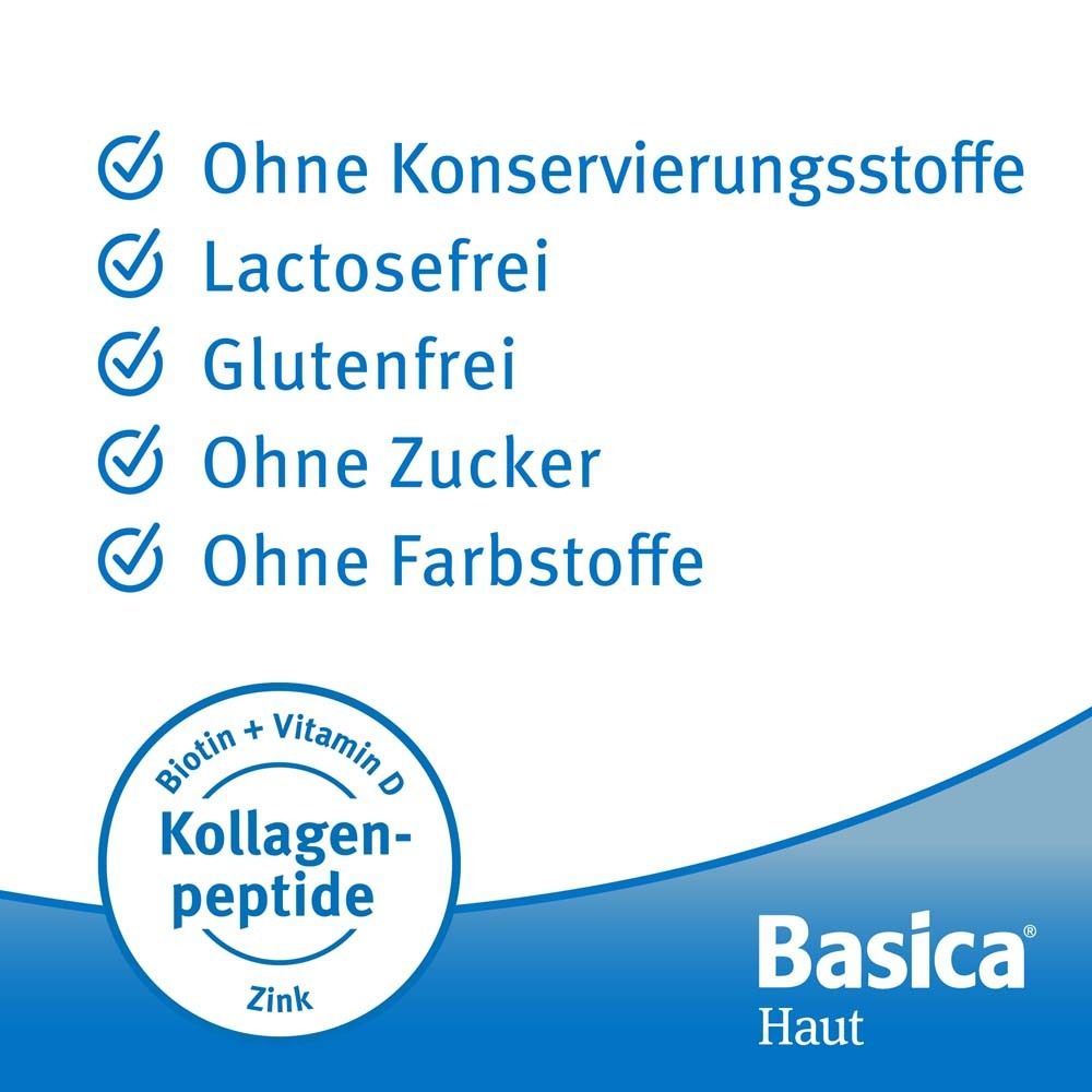 Text auf blauem Hintergrund. Produkt ist konservierungs-, laktose-, gluten-, zucker- und farbstofffrei. Mit Kollagenpeptiden.