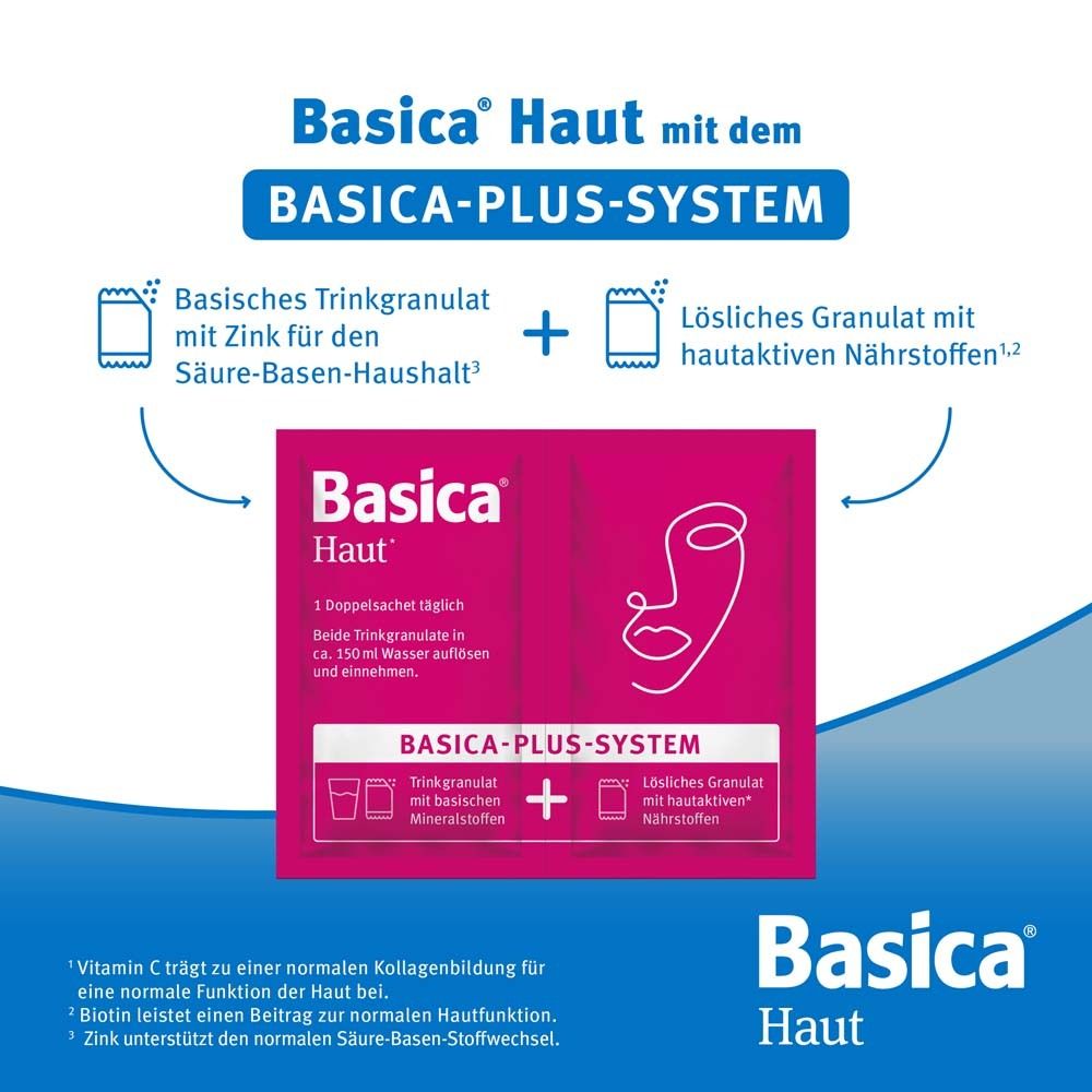 Basica Haut Packung mit Basica-Plus-System. Enthält basisches Trinkgranulat und lösliches Granulat mit Nährstoffen.