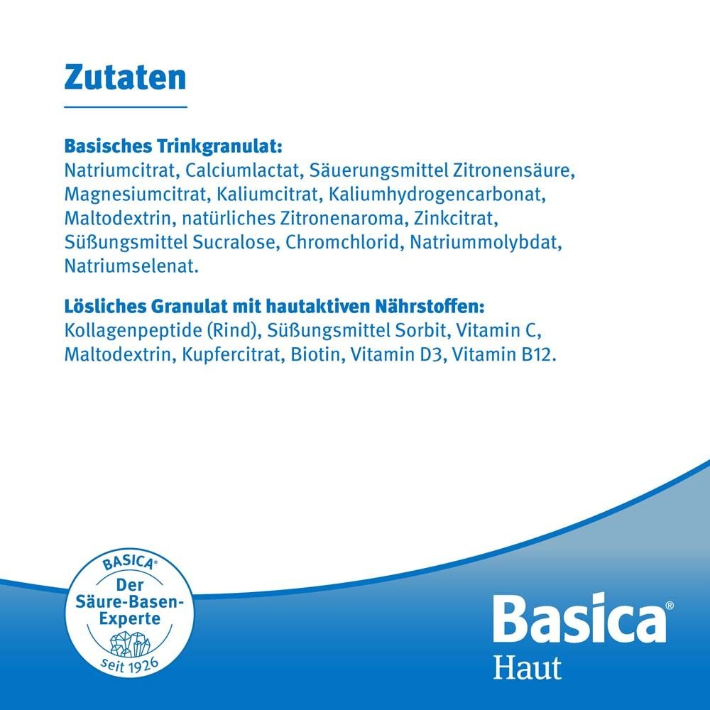 Zutatenliste. Auflistung der Inhaltsstoffe für basisches Trinkgranulat und lösliches Granulat mit hautaktiven Nährstoffen.