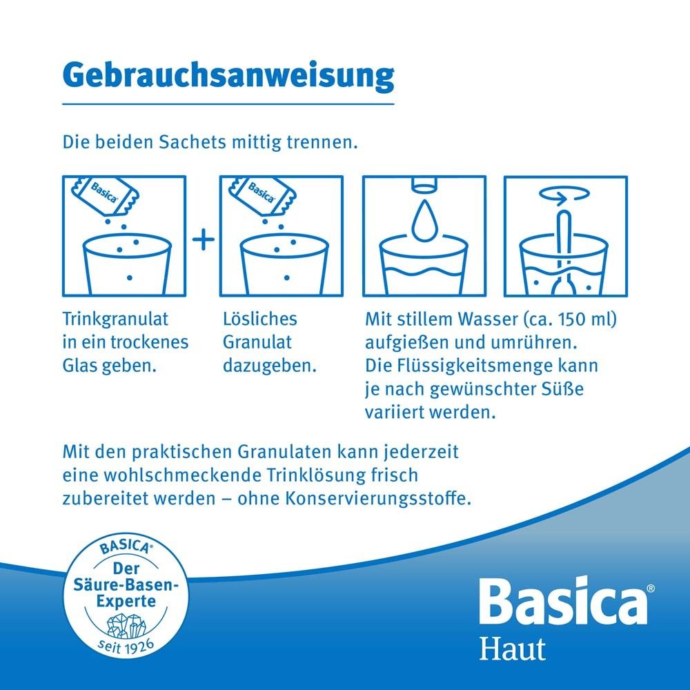 Gebrauchsanweisung. Schritte zur Zubereitung einer Trinklösung. Granulat in Glas, Wasser hinzufügen, umrühren.