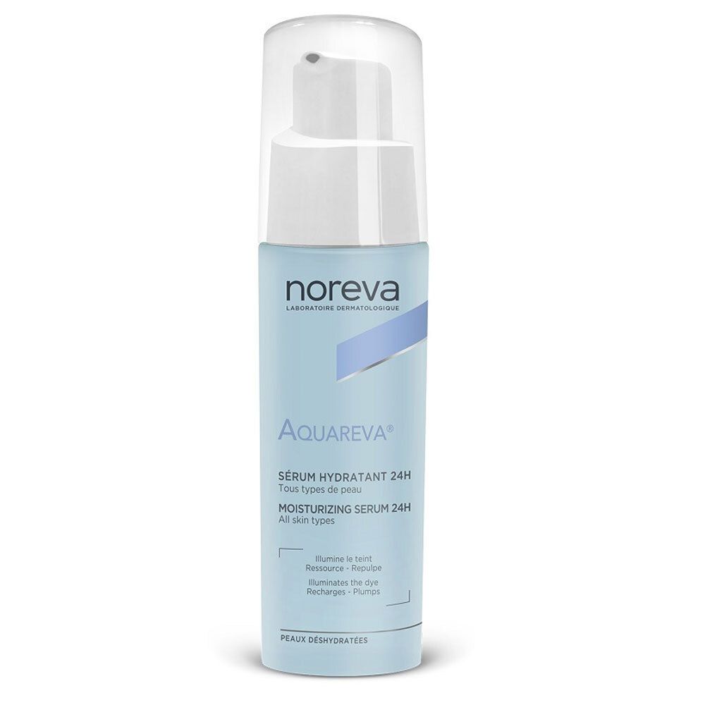 Hellblaue Serumflasche mit weißem Pumpkopf. Aufschrift: noreva, AQUAREVA, Sérum hydratant 24h, Moisturizing Serum 24h.