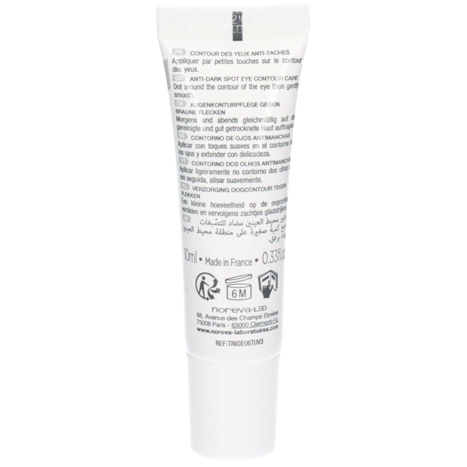 Noreva Laboratoires Trio White XP Augenkontur Tube mit 10ml Inhalt und 6M Haltbarkeit nach Öffnung.