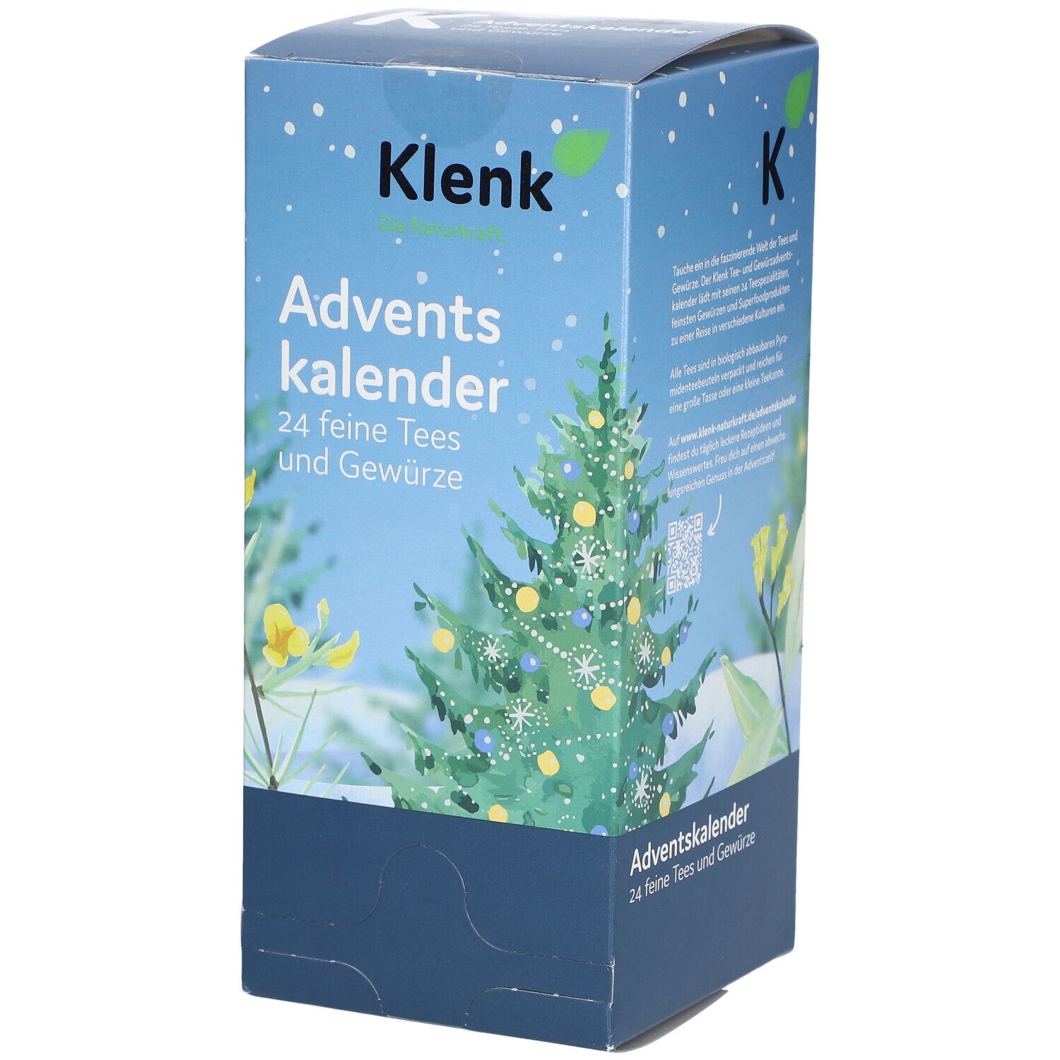 Adventskalender-Box mit Weihnachtsbaum-Illustration. Aufschrift: Klenk, Adventskalender, 24 feine Tees und Gewürze.