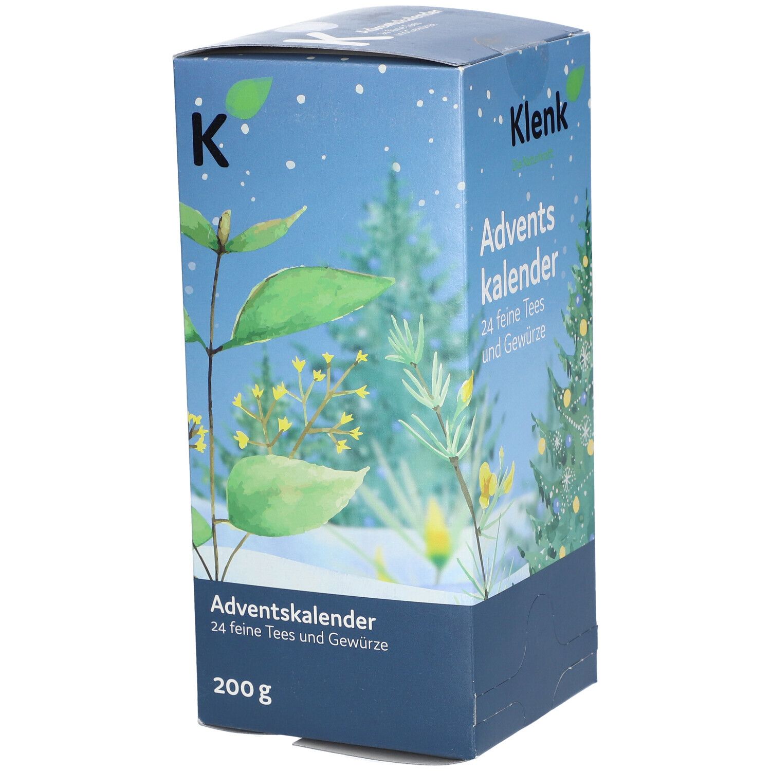 Adventskalender-Box mit floraler Illustration. Aufschrift: Klenk, Adventskalender, 24 feine Tees und Gewürze. Gewicht: 200g.