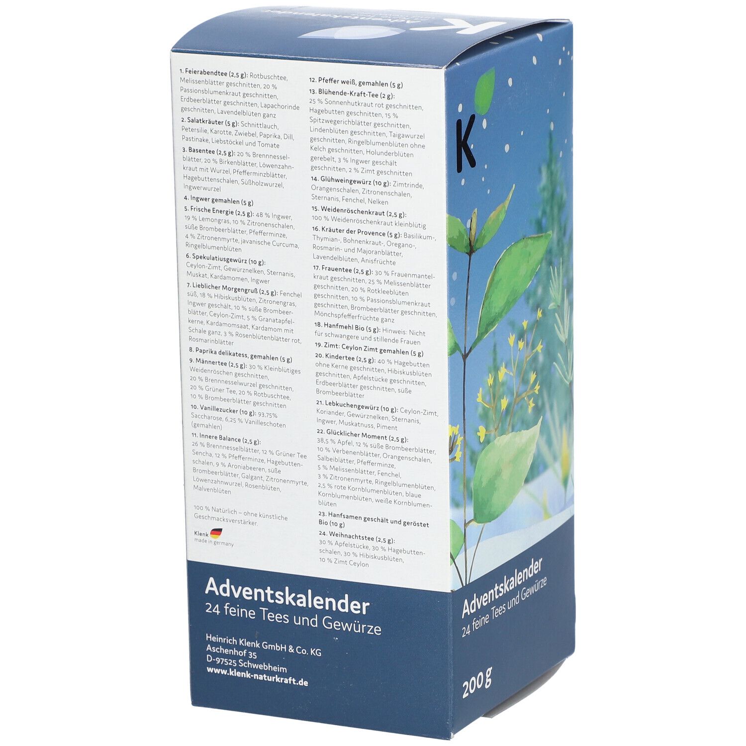 Rückseite der Adventskalender-Box mit Zutatenliste und Herstellerinformationen. Aufschrift: Adventskalender, 24 feine Tees und Gewürze.
