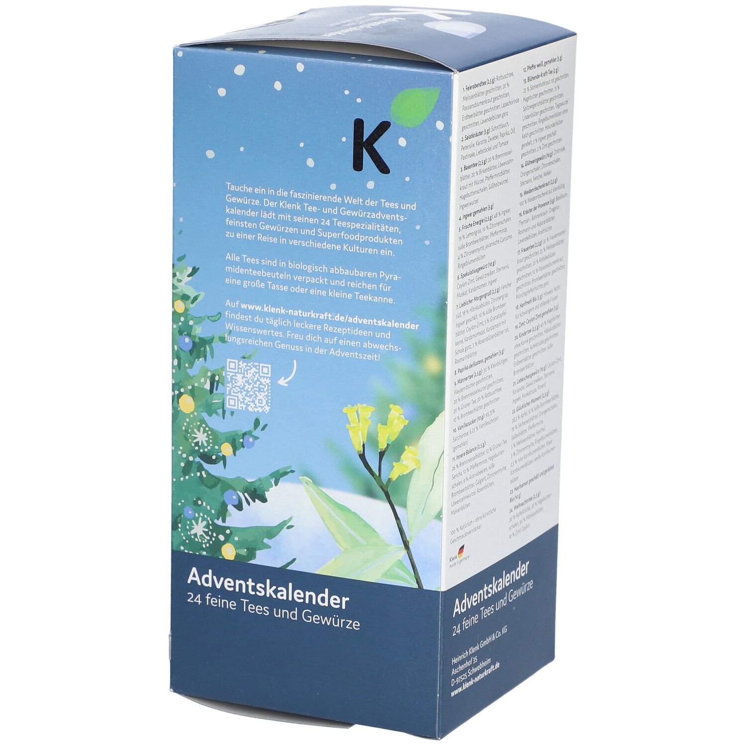 Adventskalender-Box mit Text und QR-Code. Aufschrift: Adventskalender, 24 feine Tees und Gewürze. Abbildung von Pflanzen.