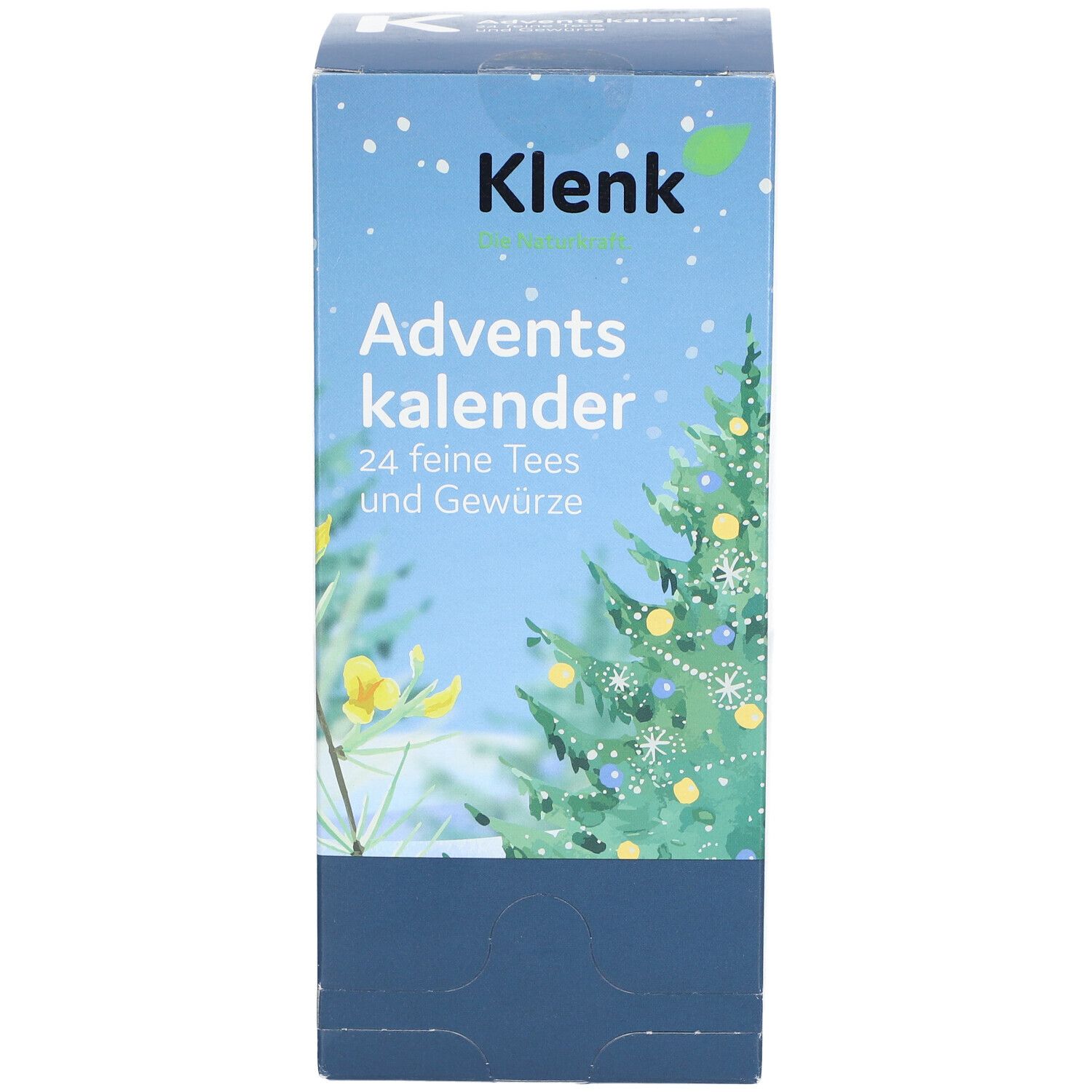 Vorderseite der Adventskalender-Box. Aufschrift: Klenk, Adventskalender, 24 feine Tees und Gewürze. Weihnachtsbaum-Illustration.