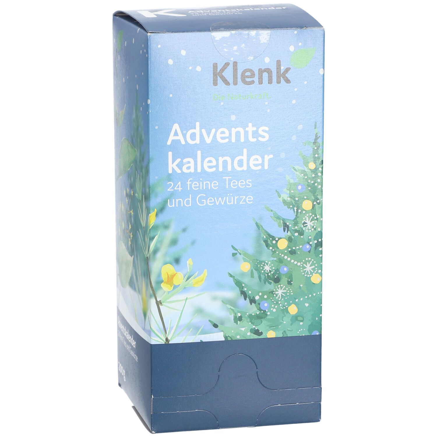 Adventskalender-Box mit Klenk-Logo und Aufschrift: Adventskalender, 24 feine Tees und Gewürze. Weihnachtsbaum-Illustration.