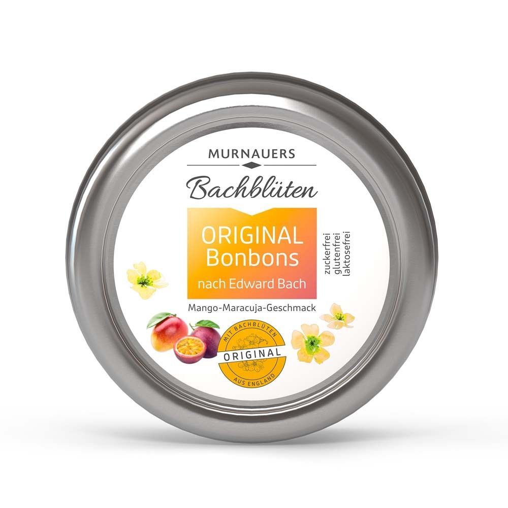 Runde, silberfarbene Dose mit "Original Bonbons"-Aufdruck. Mango-Maracuja-Geschmack. Mit Blüten-Illustrationen.