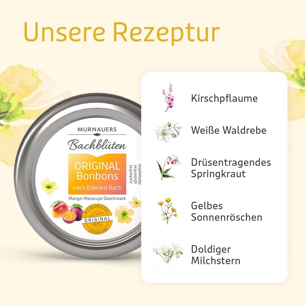 Dose mit Bonbons neben Liste von Bachblüten-Inhaltsstoffen. Text: "Unsere Rezeptur".