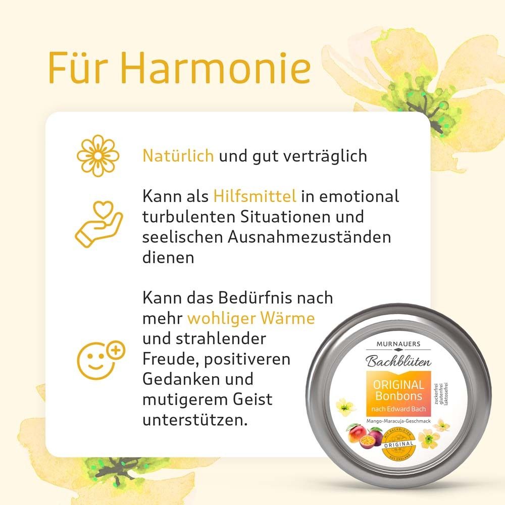 Dose mit Bonbons neben Text: "Für Harmonie". Illustrationen von Blüten und Symbolen.
