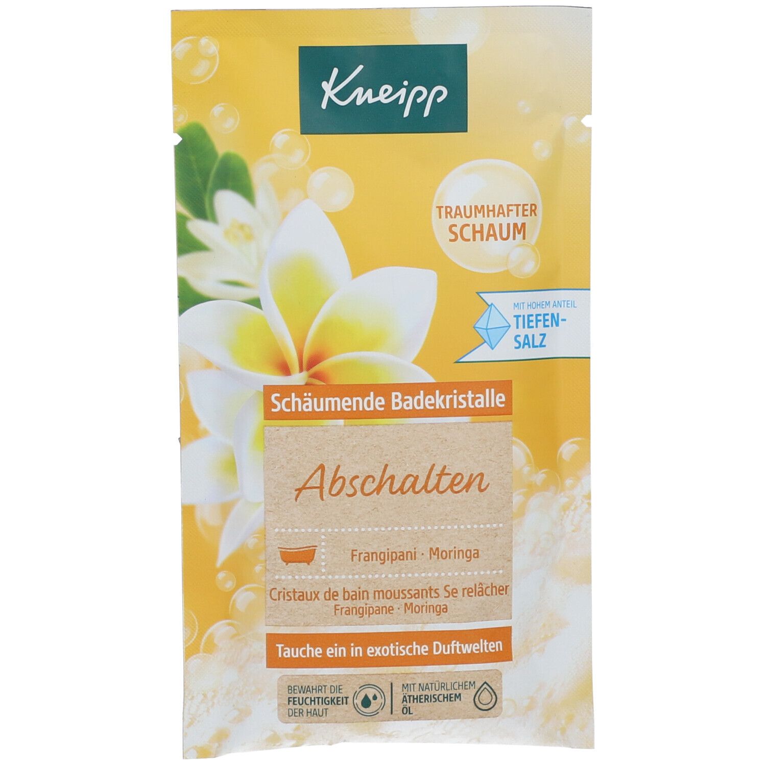 Kneipp® Abschalten Badesalz-Beutel. Gelb, mit Blüten-Motiv. Text: "Abschalten", "Frangipani-Moringa".