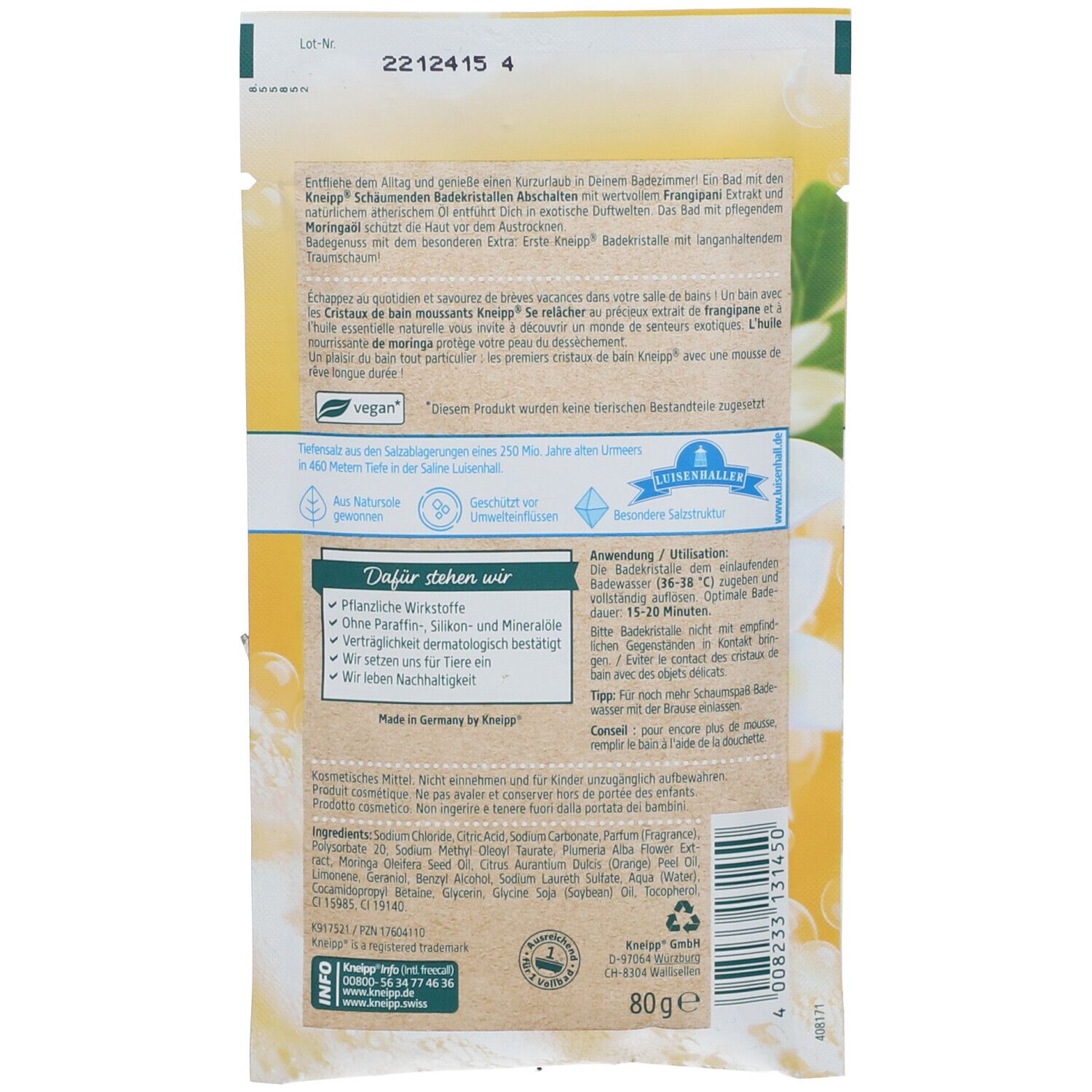 Rückseite des Kneipp® Abschalten Badesalz-Beutels. Text: "Kneipp", Inhaltsstoffe, Anwendungshinweise, 80g.