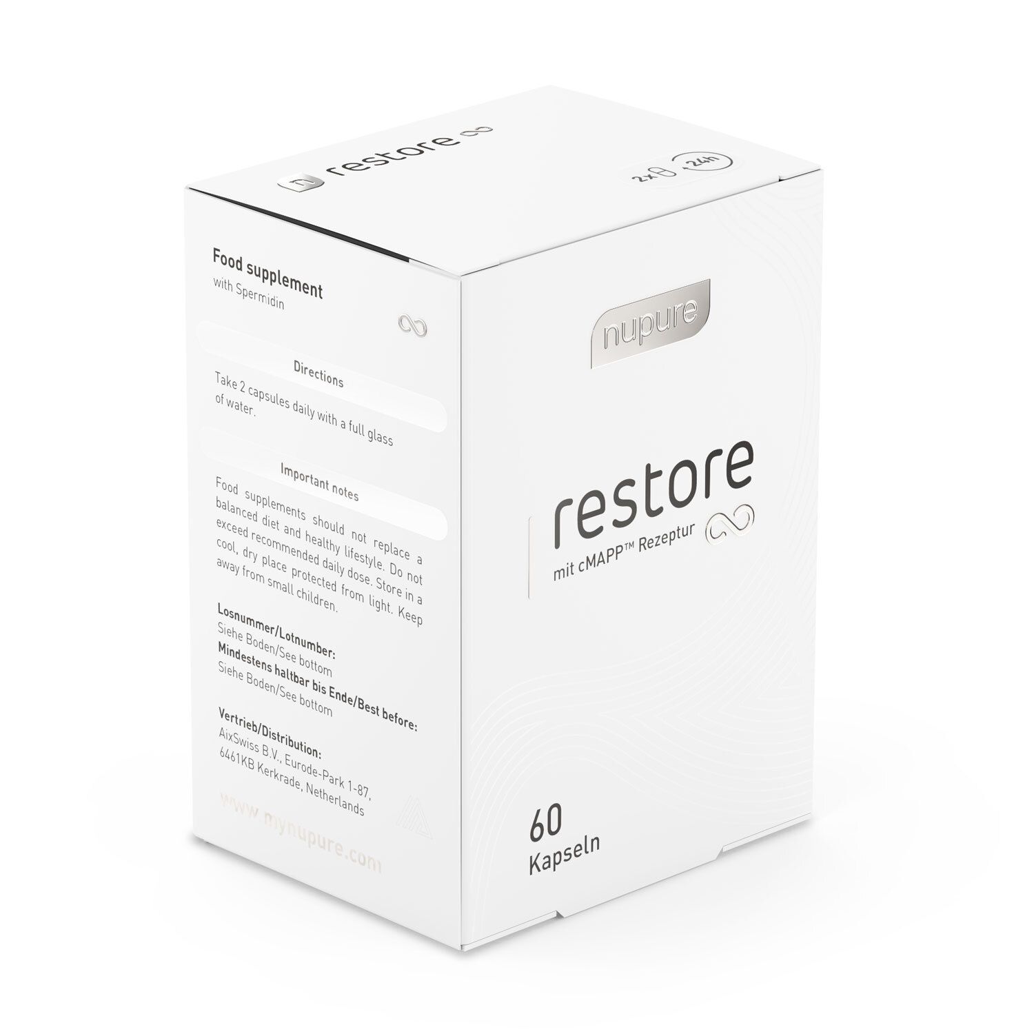 Weiße Schachtel mit Produktaufschrift. Enthält 60 Kapseln. Marke: nupure restore.