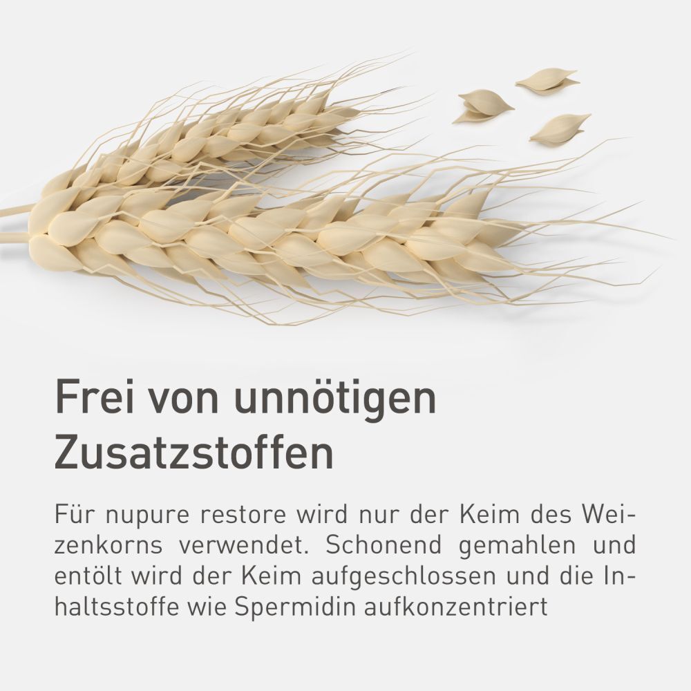 Ähren neben Text. Text: Frei von unnötigen Zusatzstoffen. Marke: nupure restore.