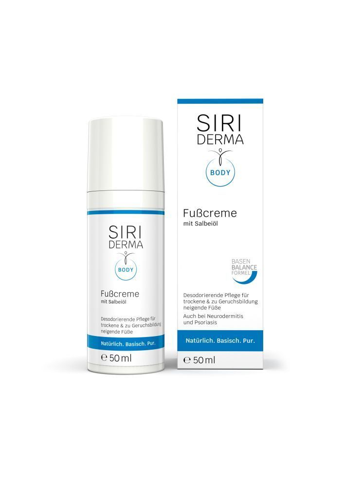 Fußcreme-Tube und -Verpackung. Weiß, blau. Schriftzug: SIRIDERMA, Fußcreme mit Salbeiöl. Basen Balance Formel. E 50 ml.