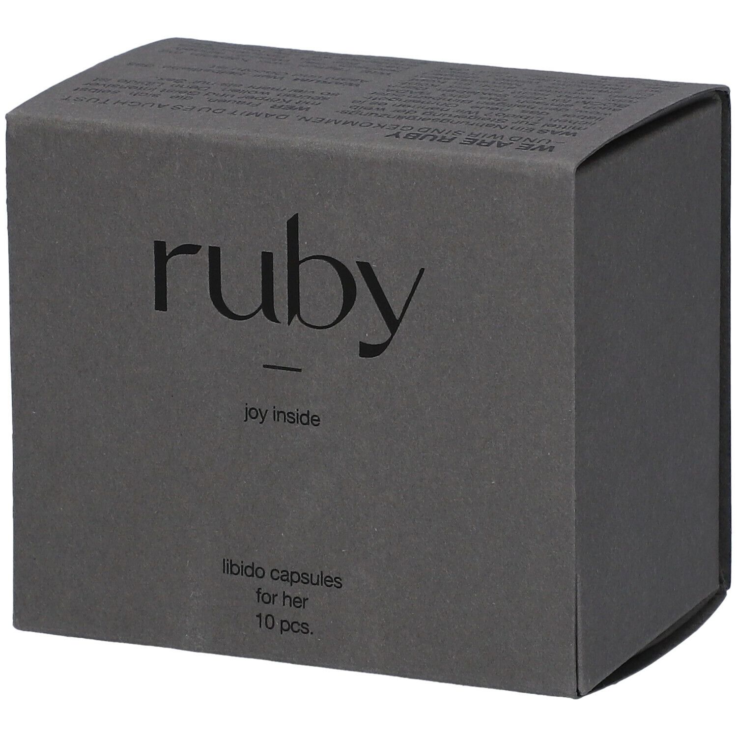 Dunkelgraue Schachtel mit "ruby"-Logo und Text "joy inside". Enthält 10 Kapseln für sie.