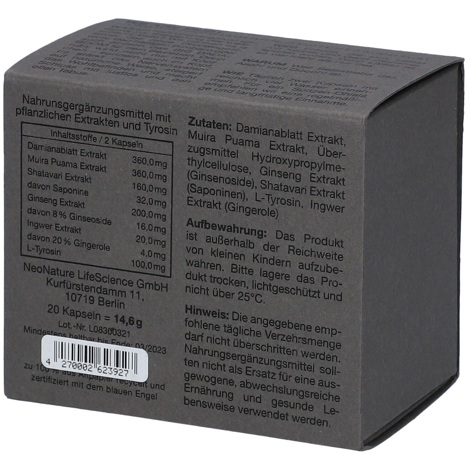 Dunkelgraue Schachtel mit Inhaltsangaben und Zutaten. Enthält 20 Kapseln. Text: "NeoNature LifeScience GmbH".