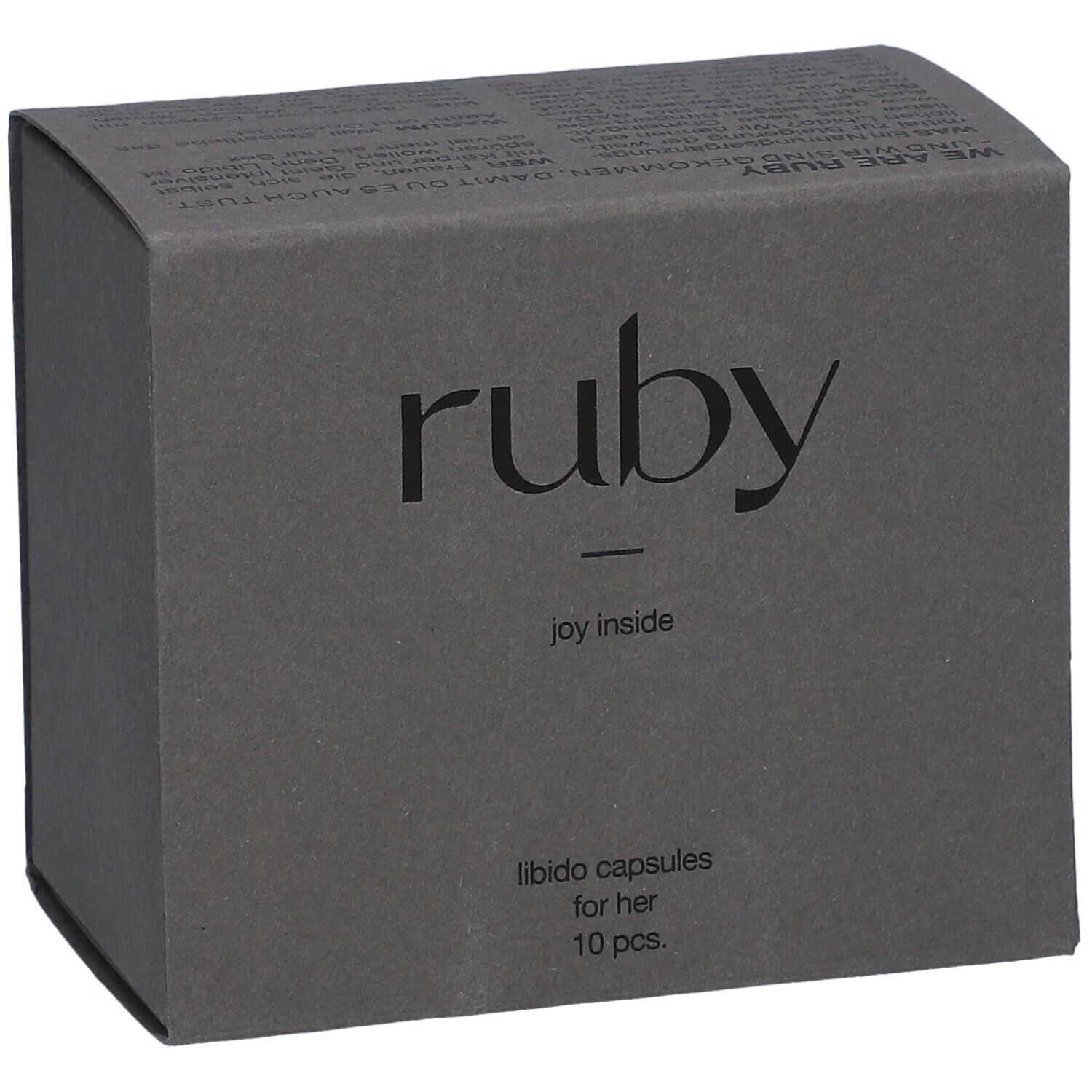 Dunkelgraue Schachtel mit "ruby"-Logo und Text "joy inside". Enthält 10 Kapseln für sie.