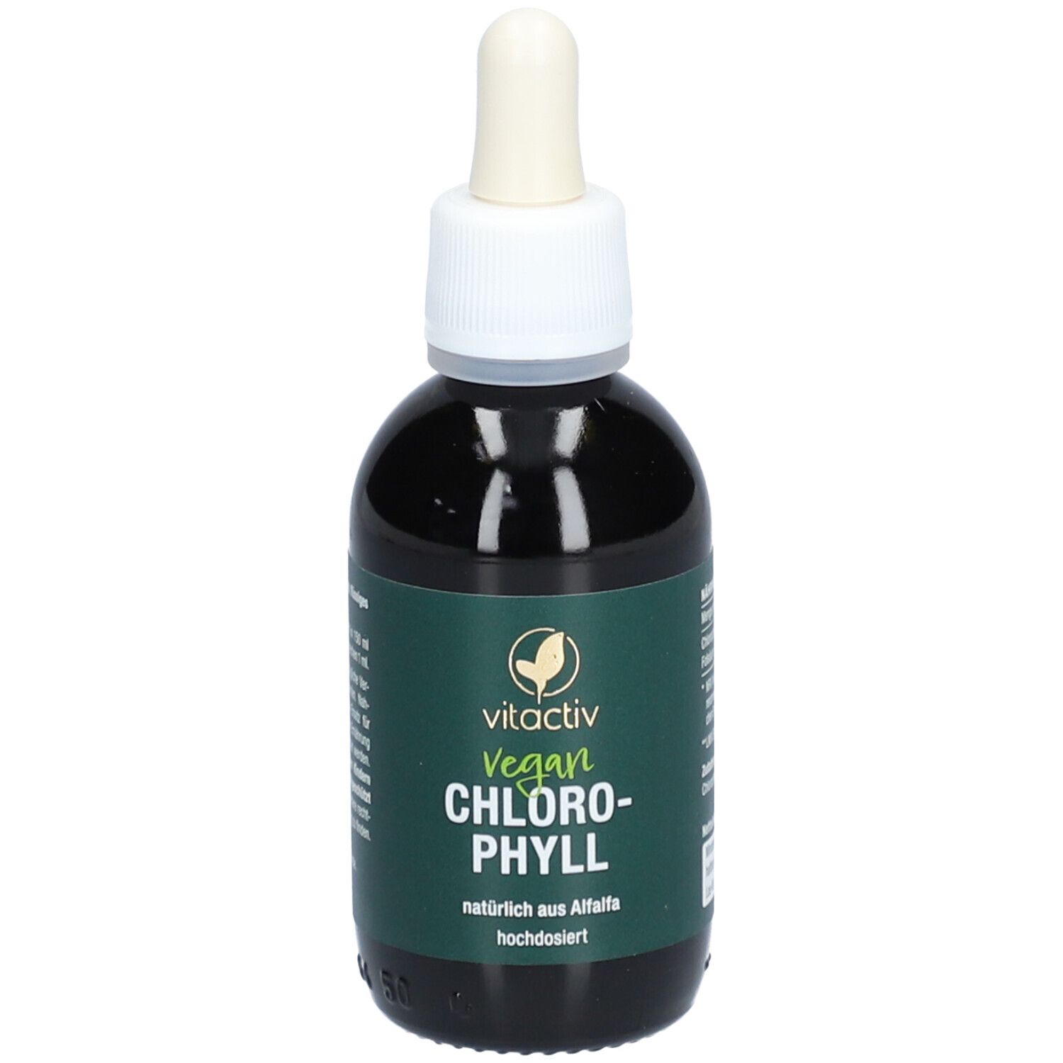 Braune Glasflasche mit Tropfer. Aufschrift: Vitactiv Vegan Chlorophyll. Grünes Etikett.