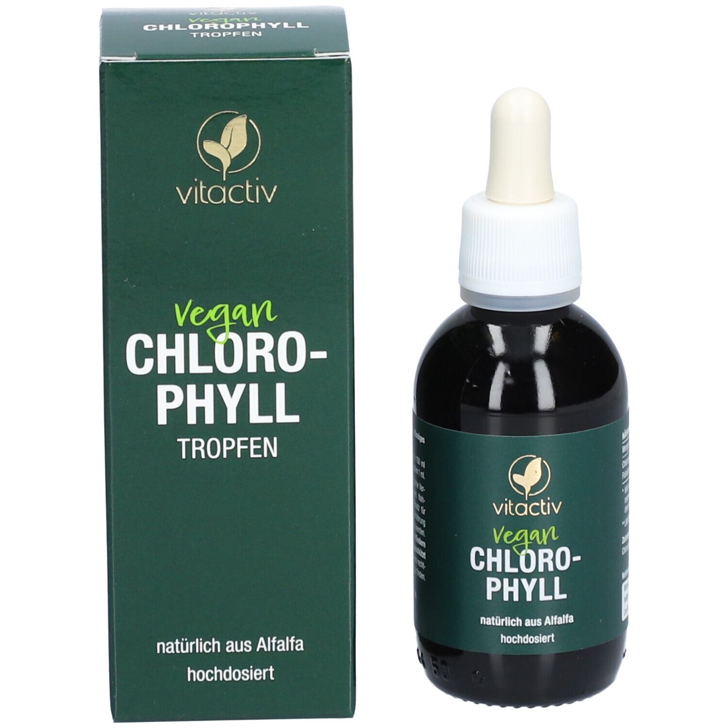 Braune Glasflasche mit Tropfer und Verpackung. Aufschrift: Vitactiv Vegan Chlorophyll Tropfen.