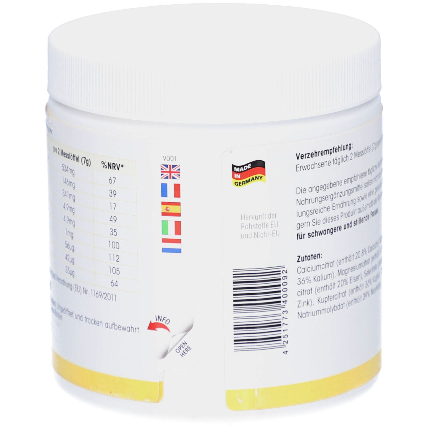 Rückseite des weißen Kunststoff-Behälters. Enthält Nährwertangaben und Informationen zur Herstellung in Deutschland. Mit Flaggen.