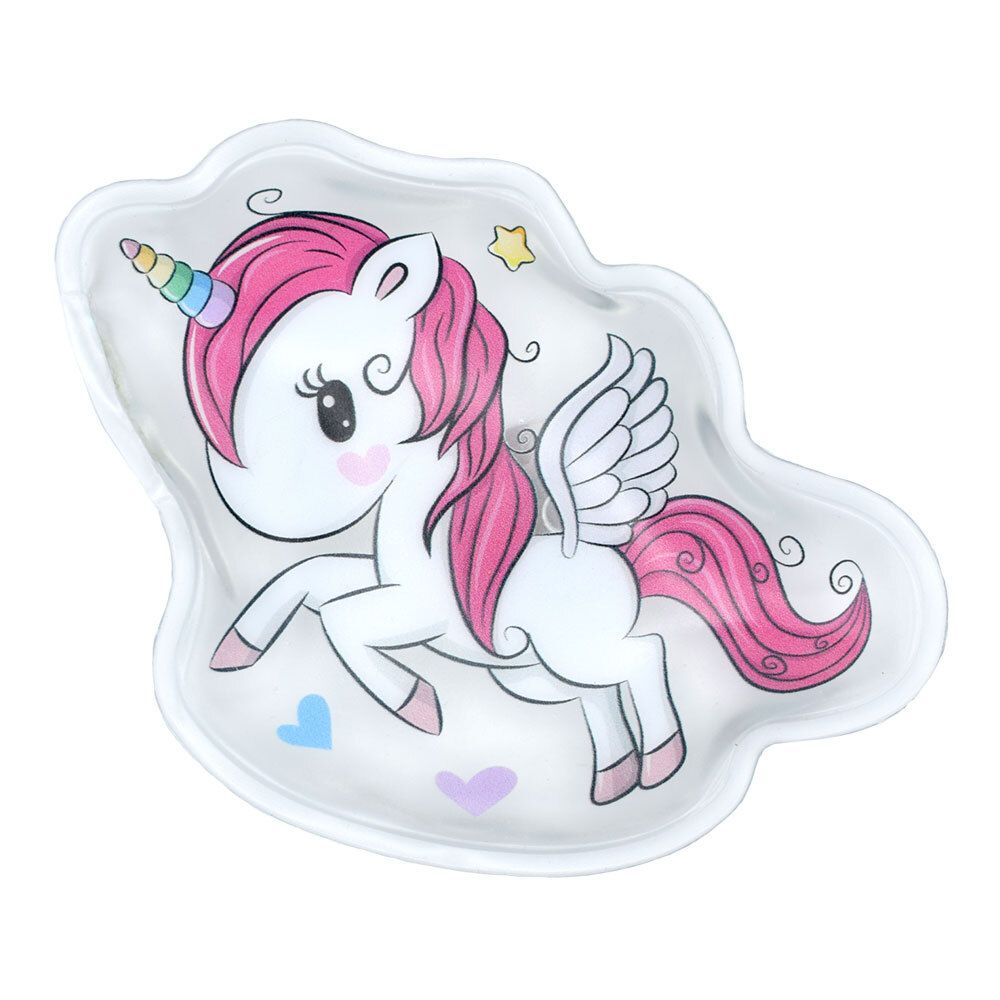 Handwärmer Einhorn. Weißes Einhorn-Motiv mit rosa Mähne und Flügeln. Regenbogenfarbenes Horn. Wolkenförmige Form.