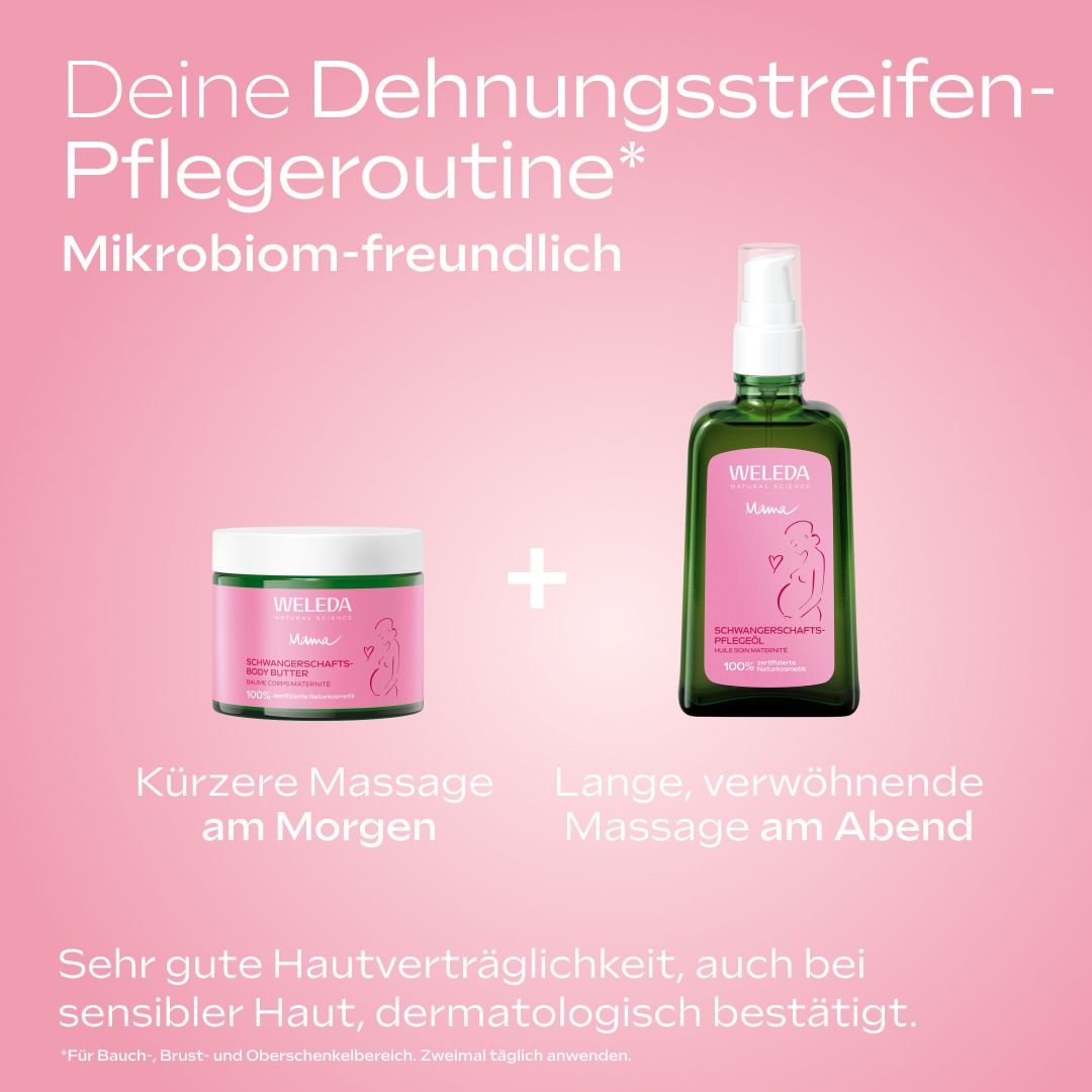 Tiegel und Sprayflasche. Text: Deine Dehnungsstreifen-Pflegeroutine. Mikrobiom-freundlich.