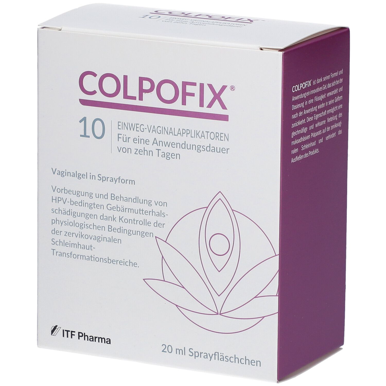 Weißer Karton mit COLPOFIX-Logo. Text: 10 Einweg-Vaginalapplikatoren. 20 ml Sprayfläschchen. ITF Pharma Logo.