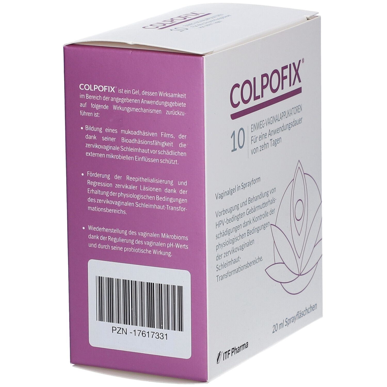Karton mit COLPOFIX-Logo. Text: Einweg-Vaginalapplikatoren. 20 ml Sprayfläschchen. PZN-17617331. ITF Pharma Logo.