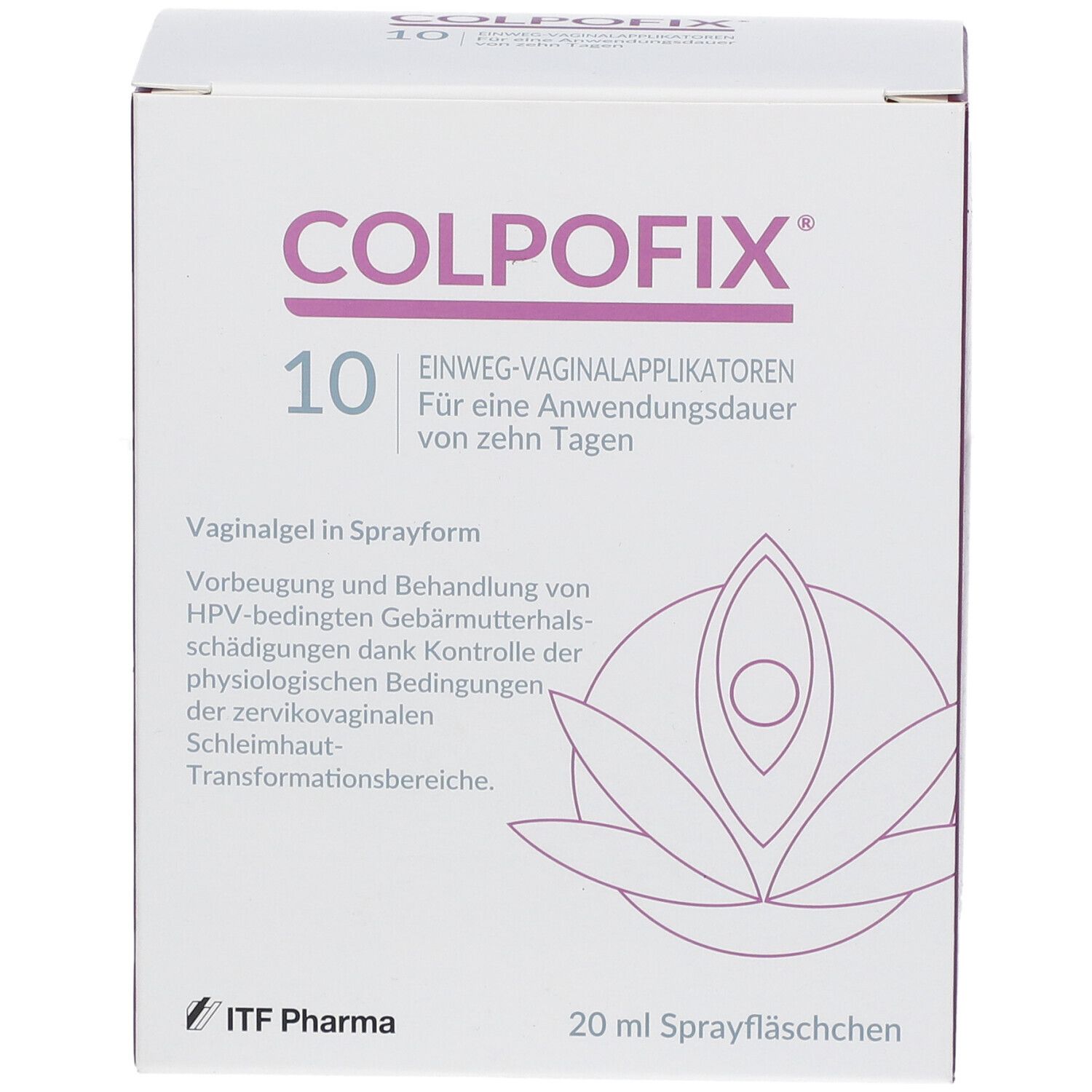 Weißer Karton mit COLPOFIX-Logo. Text: 10 Einweg-Vaginalapplikatoren. 20 ml Sprayfläschchen. ITF Pharma Logo.