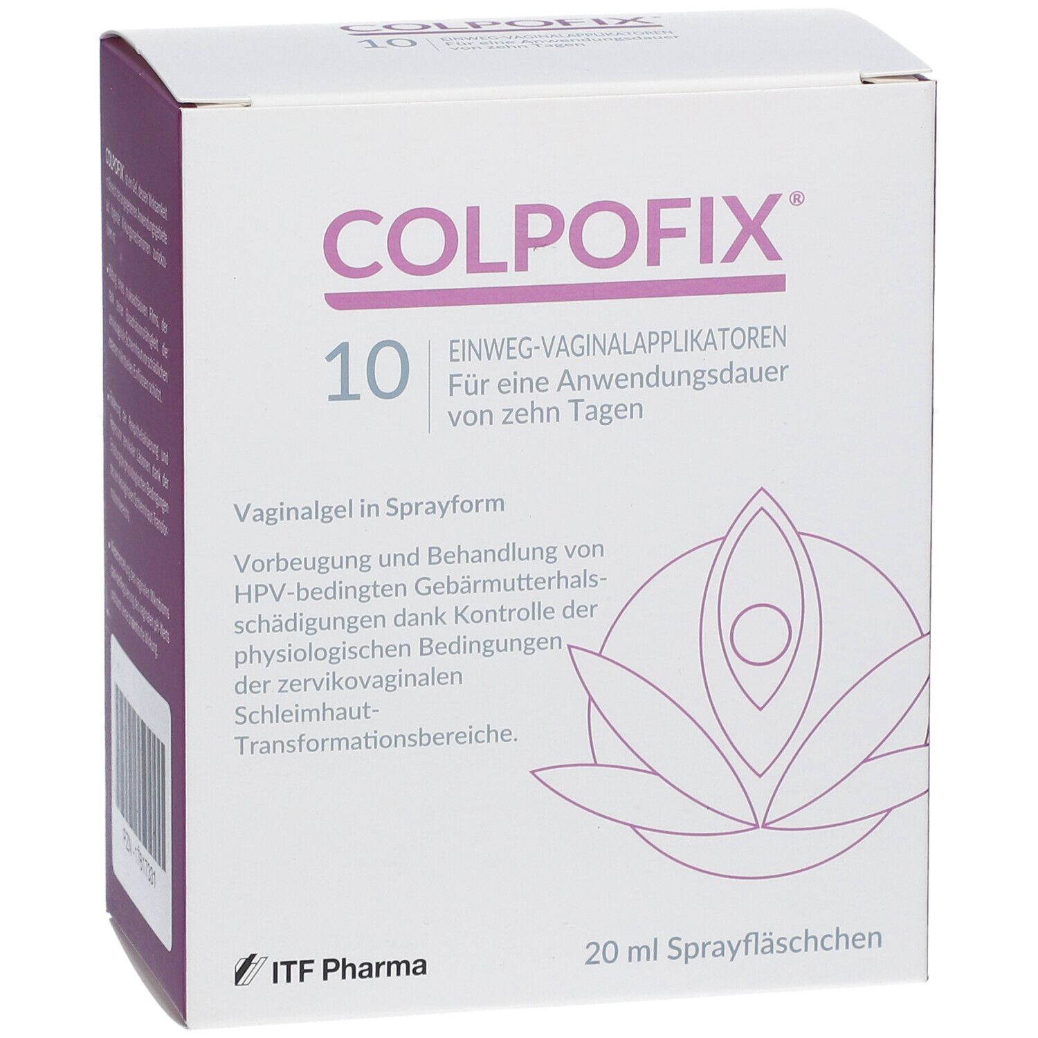 Weißer Karton mit COLPOFIX-Logo. Text: 10 Einweg-Vaginalapplikatoren. 20 ml Sprayfläschchen. ITF Pharma Logo.