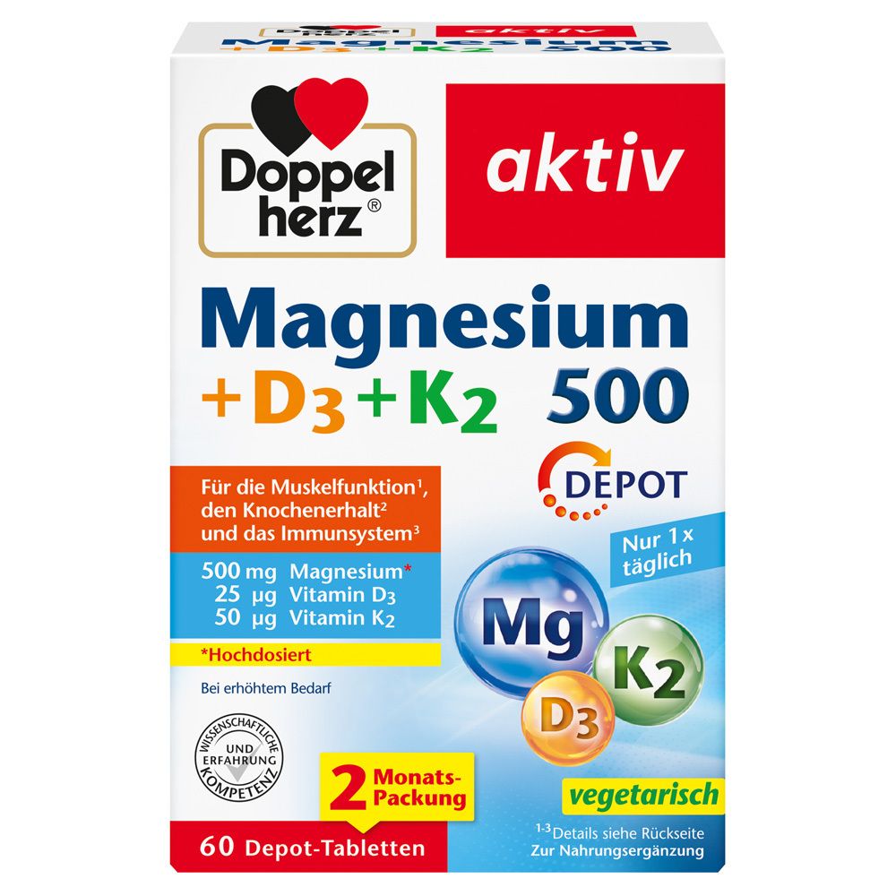 Doppelherz® Magnesium + D3 + K2 500. Weiße Schachtel mit Produktinformationen und Logo.