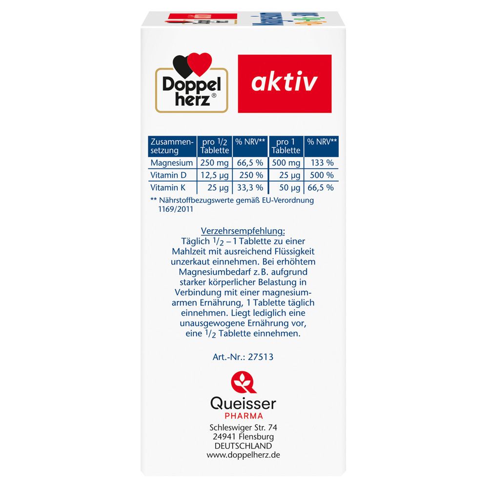 Seite der Doppelherz® Magnesium + D3 + K2 500 Packung. Nährwertangaben und Logo.