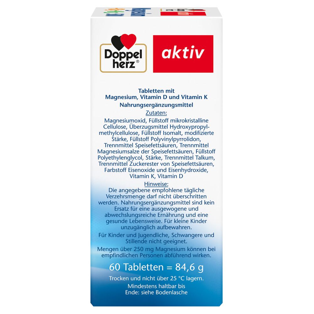 Seite der Doppelherz® Magnesium + D3 + K2 500 Packung. Zutatenliste und Warnhinweise.