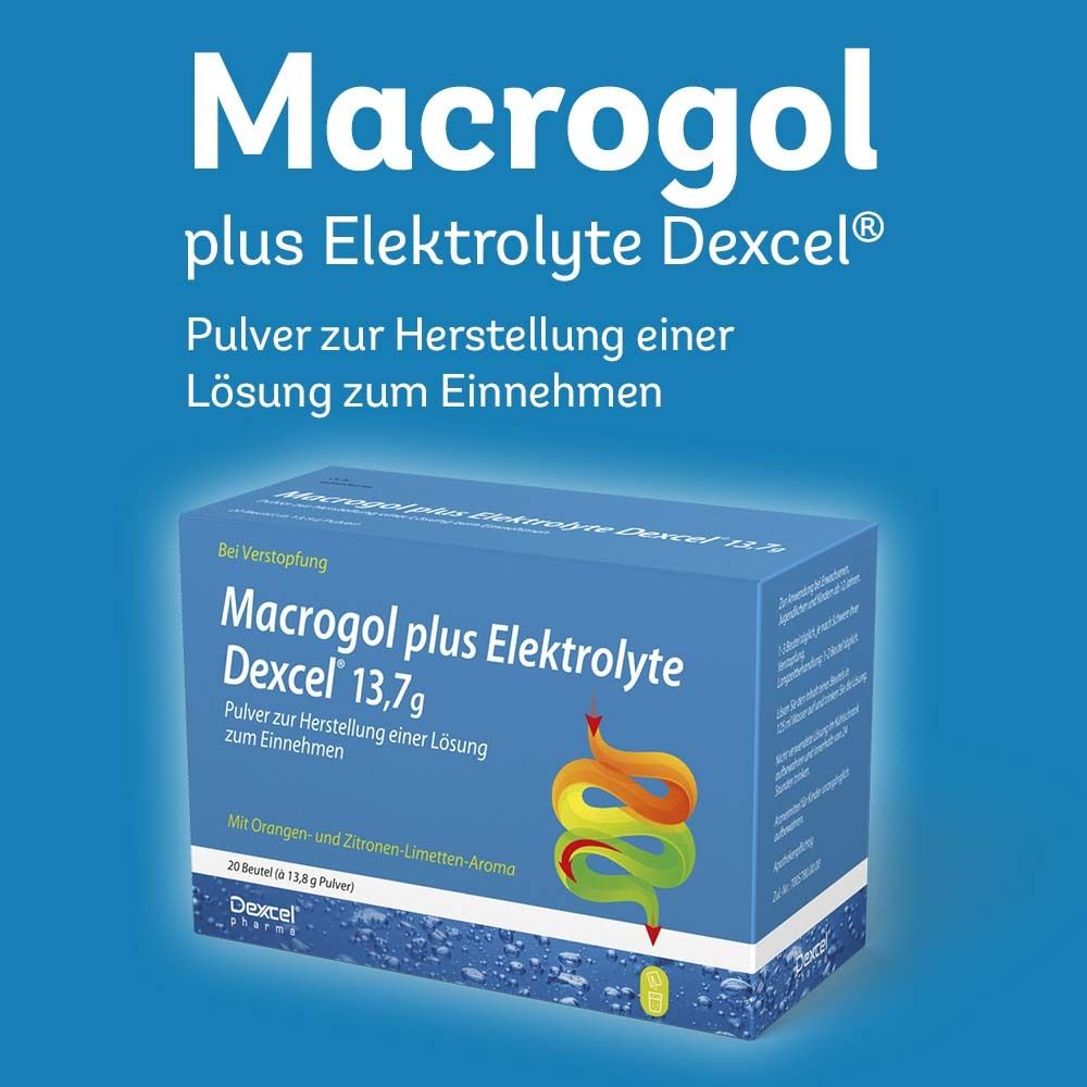 Blaue Verpackung mit der Aufschrift Macrogol plus Elektrolyte Dexcel 13,7g. Mit Orangen- und Zitronen-Limetten-Aroma.