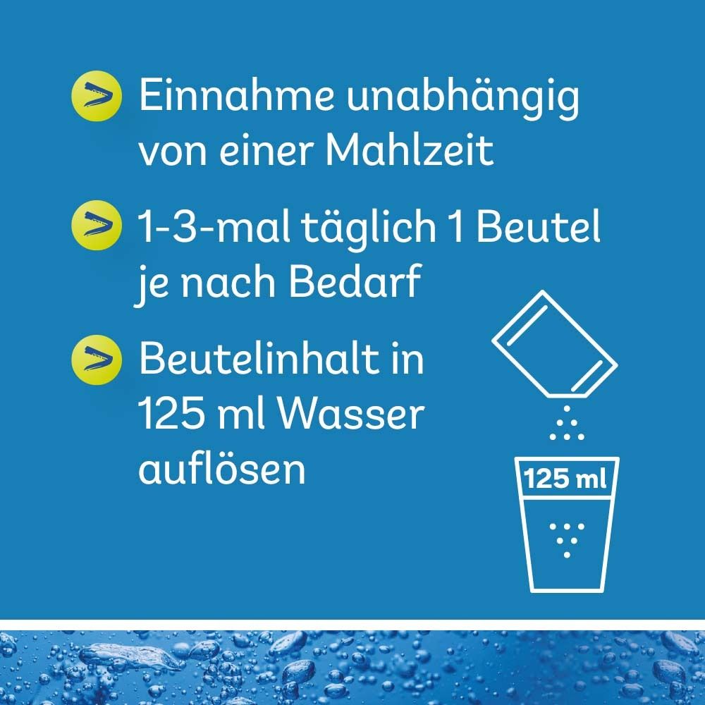 Text auf blauem Hintergrund: Einnahme unabhängig von einer Mahlzeit. 1-3 mal täglich 1 Beutel.