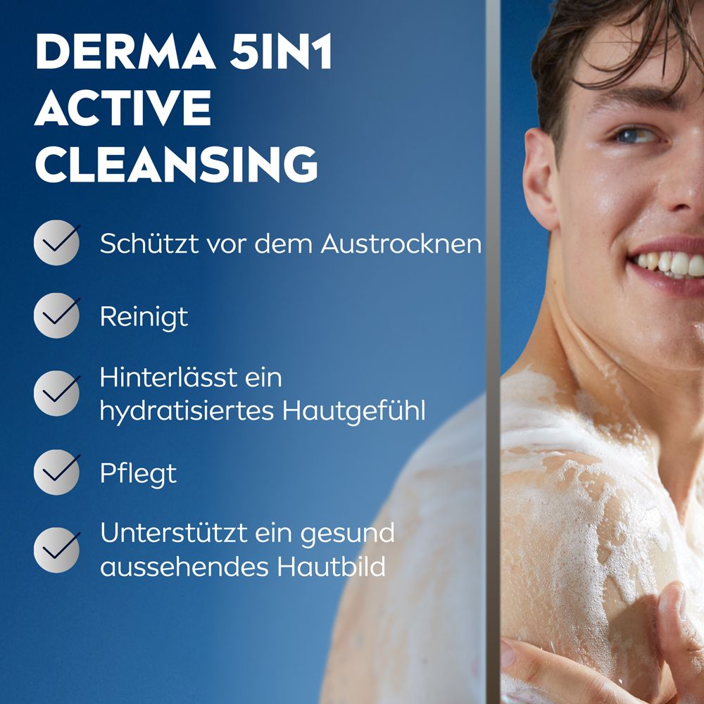 Nivea Men Duschgel Power Fresh: Derma 5in1 Active Cleansing, schützt, reinigt, hydratisiert, pflegt.