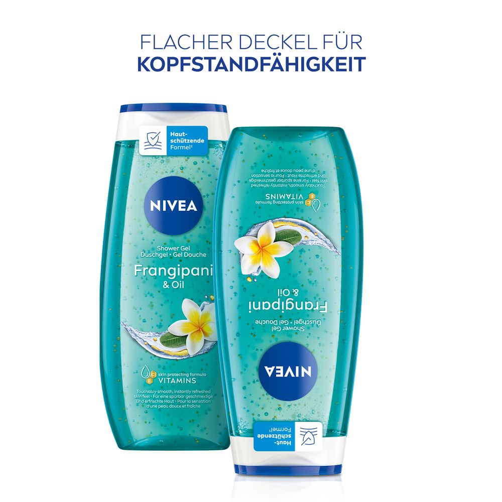 Zwei NIVEA Frangipani & Oil Pflegedusche Flaschen, eine aufrecht, die andere umgedreht, um den flachen Deckel zu zeigen.