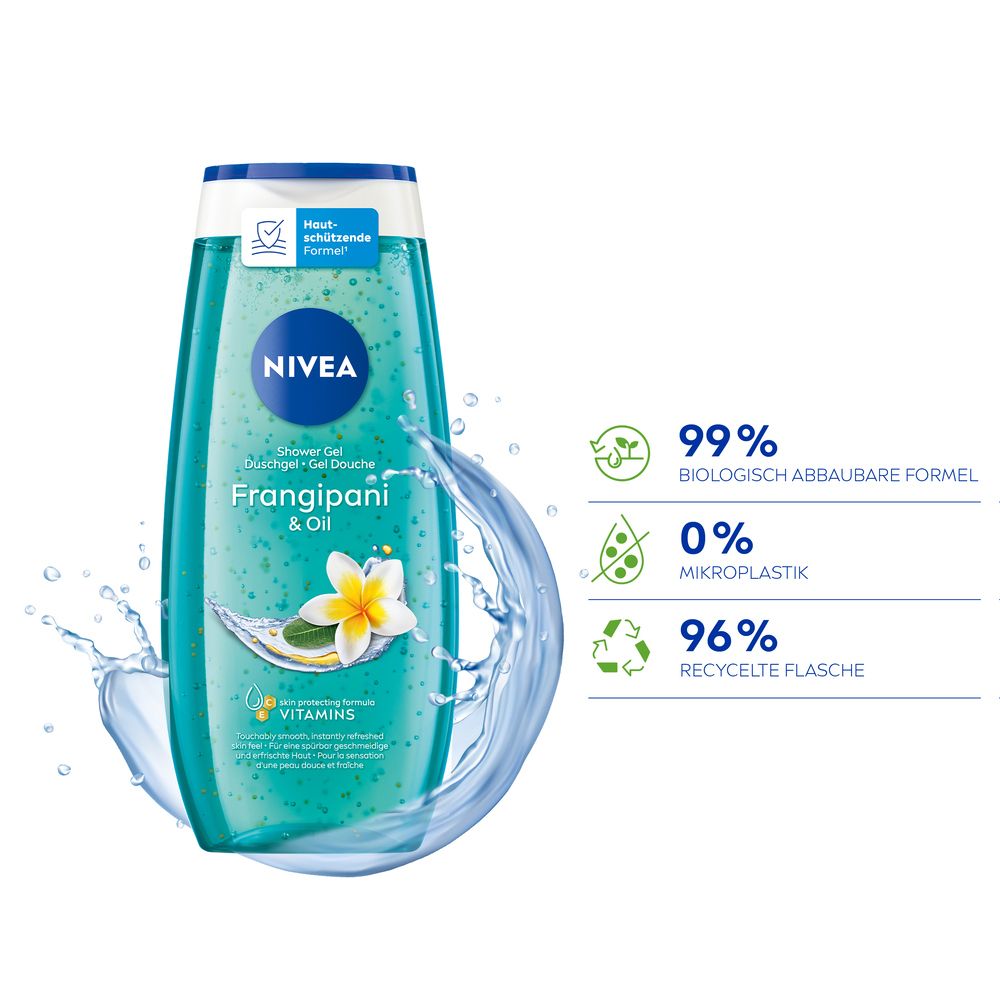 NIVEA Frangipani & Oil Pflegedusche mit einem Wasser-Splash. Icons zeigen 99% biologisch abbaubare Formel und 96% recycelte Flasche.
