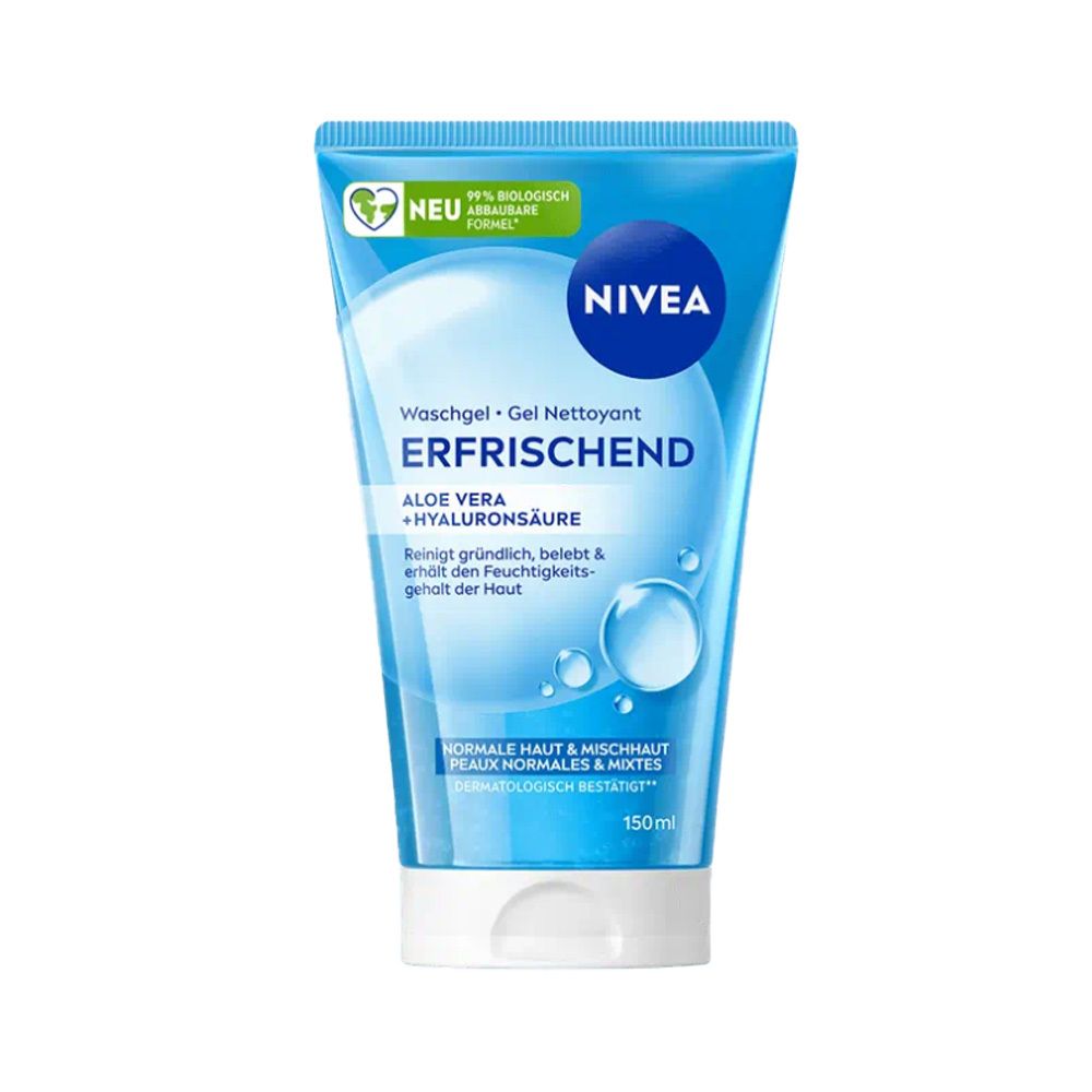 Blau-transparente Tube mit NIVEA-Logo und Waschgel-Schriftzug. Text: Erfrischend, Aloe Vera + Hyaluronsäure. Grün-weiße Siegel.
