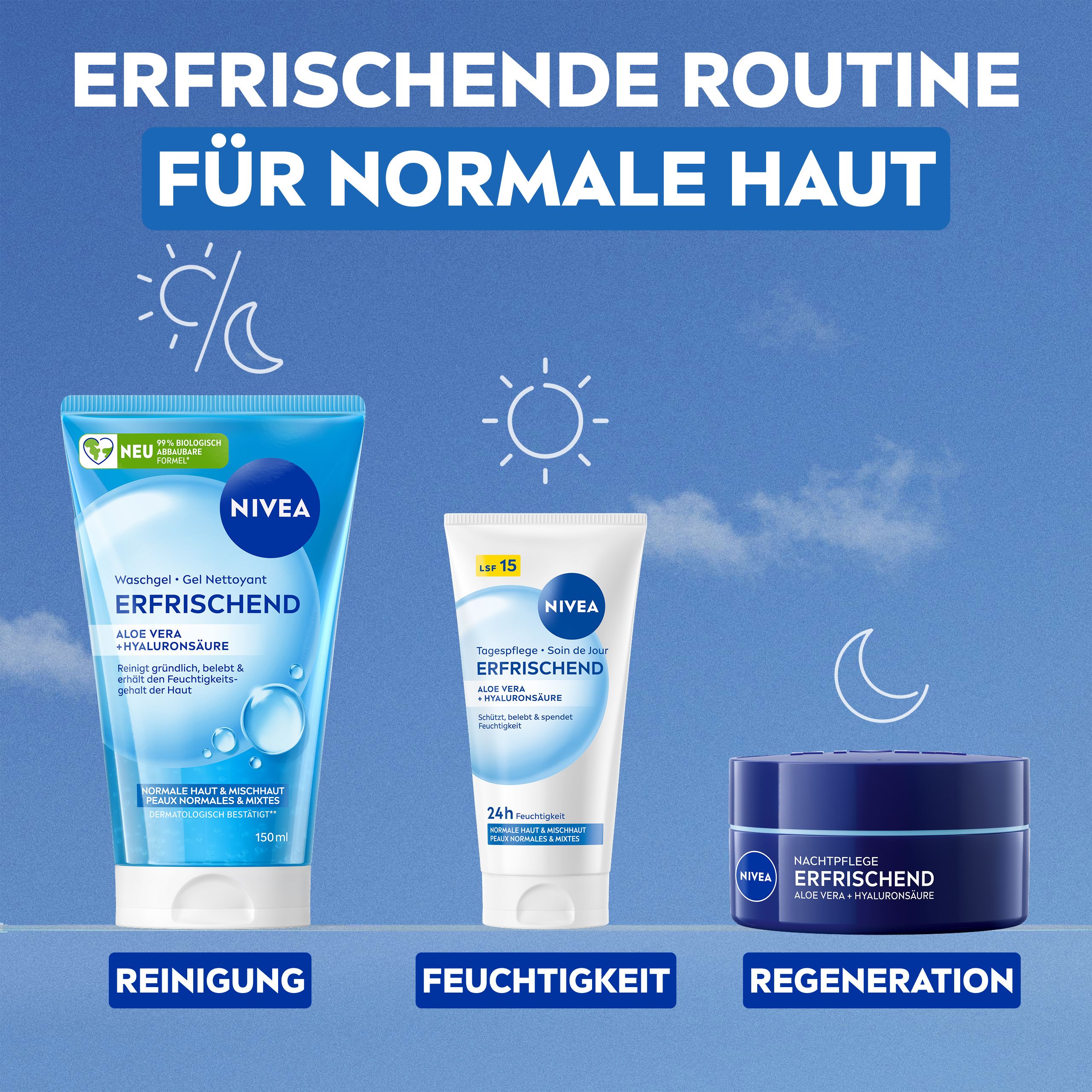 NIVEA Erfrischende Routine für normale Haut: Reinigung, Feuchtigkeit, Regeneration.