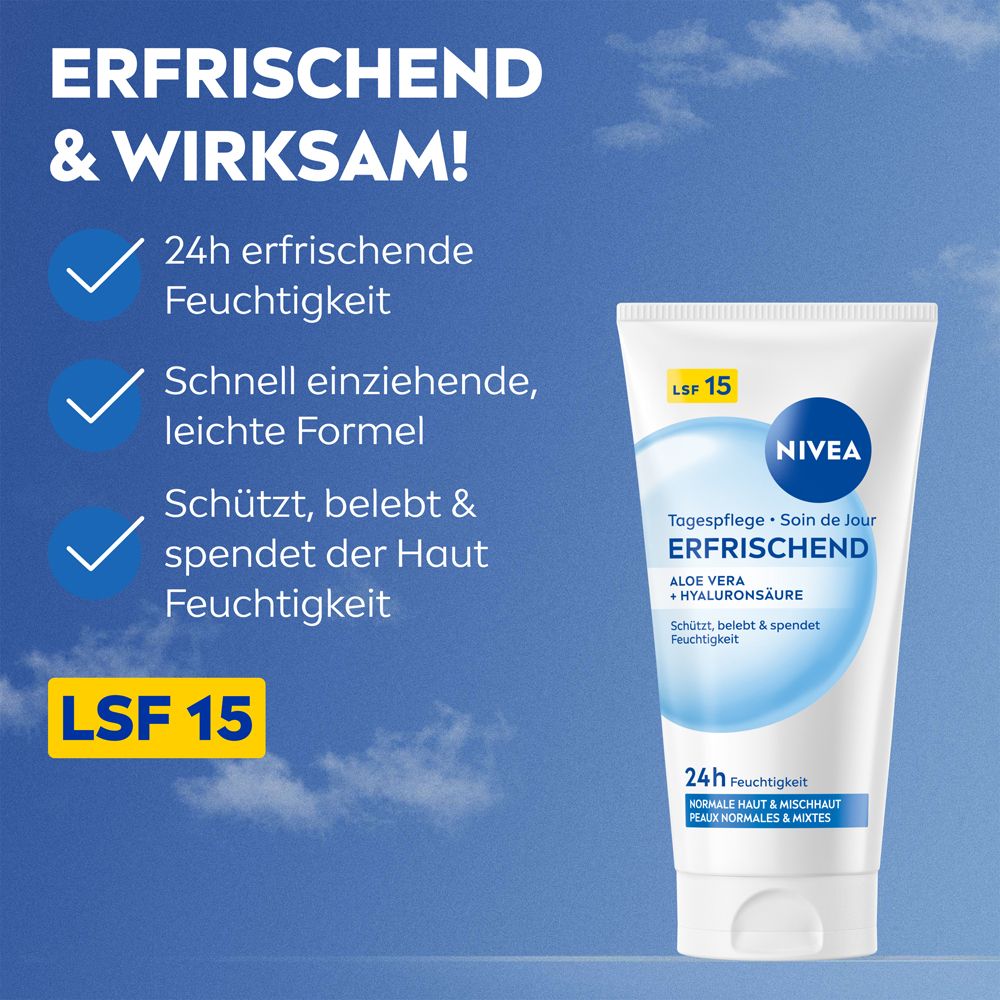 NIVEA Erfrischende Tagespflege mit LSF 15: 24h Feuchtigkeit, leichte Formel, schützt und belebt.