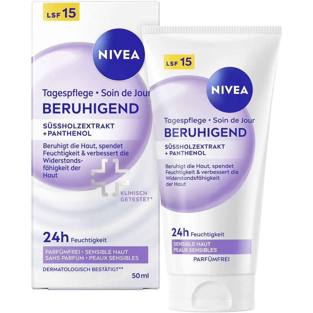NIVEA Beruhigende Tagespflege LSF 15 Tube und Faltschachtel, 50ml.